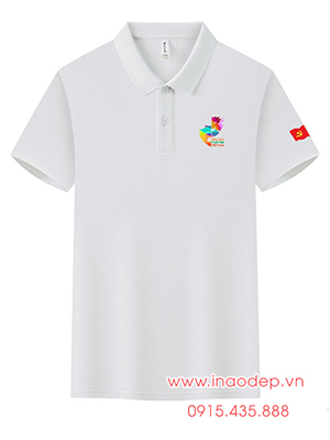 In Áo polo màu trắng Nhà hát tuổi trẻ Việt Nam - Độc lập - Tự do - Hạnh Phúc