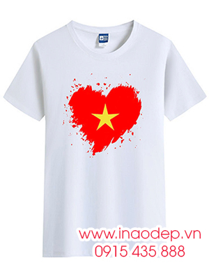 In Áo phông màu trắng In lá cờ hình trái tim cùng với nón lá - Độc lập - Tự do - Hạnh phúc