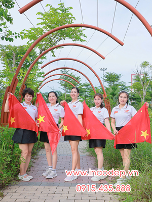 In Áo phông màu trắng In lá cờ Việt Nam cùng với khăn quàng đỏ sao vàng