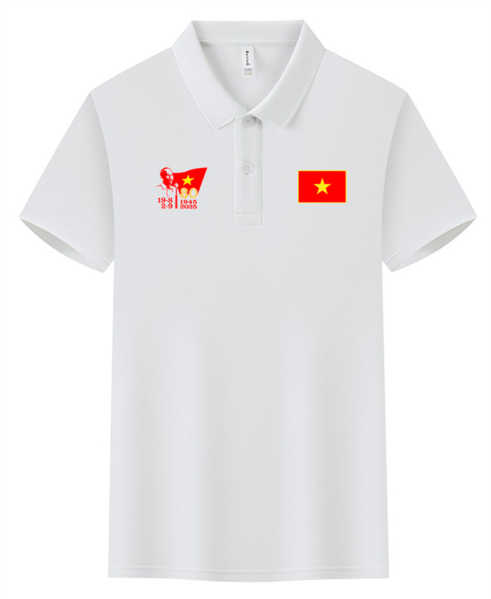 In áo phông màu trắng in lá cờ đỏ kỉ niệm 19-8-1945 - 2-9-2025 | In ao phong dong phuc