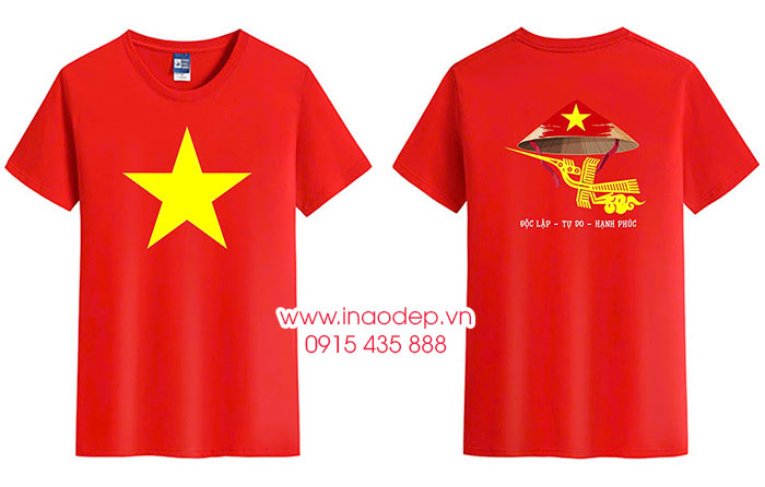 In Áo phông cờ đỏ sao vàng in cùng hình nón lá - Độc lập - Tự do - Hạnh phúc | In ao co do sao vang