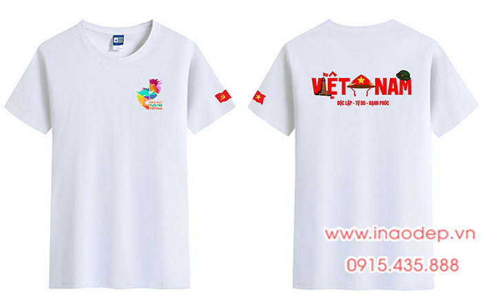 In Áo phông cổ tròn Nhà hát tuổi trẻ Việt Nam - Độc lập - Tự do - Hạnh Phúc | In ao co do sao vang