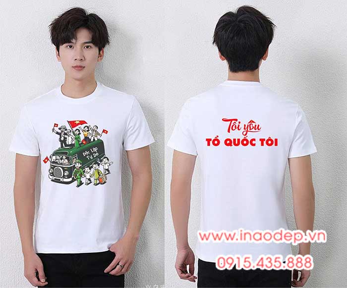 In Áo phông màu trắng In Tôi yêu Tổ quốc tôi | In ao co do sao vang