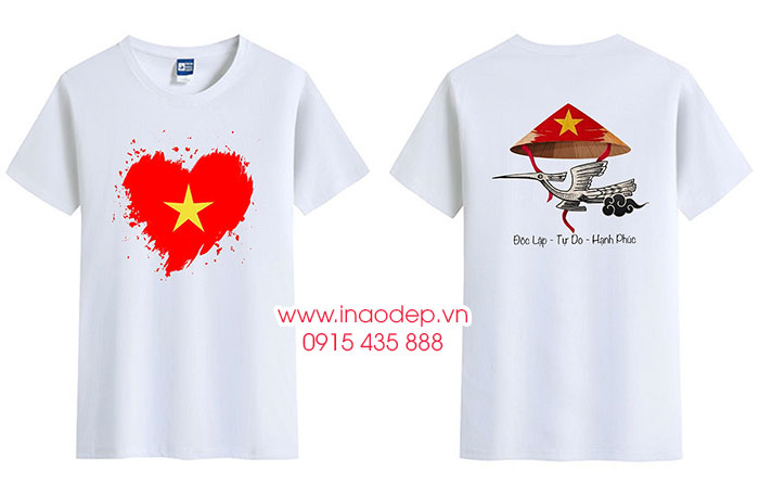 In Áo phông màu trắng In lá cờ hình trái tim cùng với nón lá - Độc lập - Tự do - Hạnh phúc | In ao co do sao vang