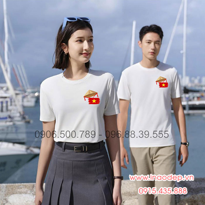 In Áo phông màu trắng in hình lá cờ đỏ cùng với nón lá | In ao co do sao vang