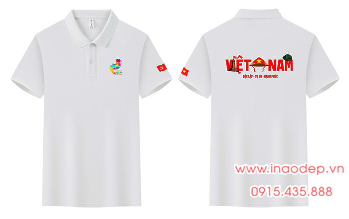 In Áo polo màu trắng Nhà hát tuổi trẻ Việt Nam - Độc lập - Tự do - Hạnh Phúc | In ao co do sao vang