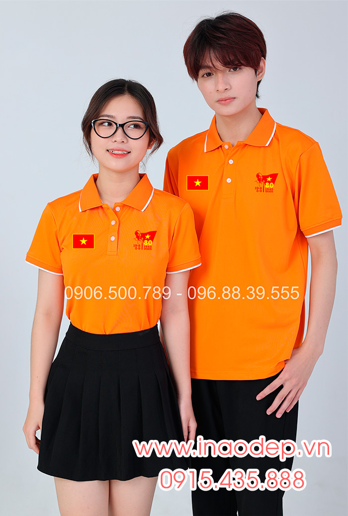 In áo màu cam In lá cờ đỏ sao vàng kỉ niệm 80 năm Cách mạng tháng 8 - Quốc Khánh 2-9 | In ao phong dong phuc