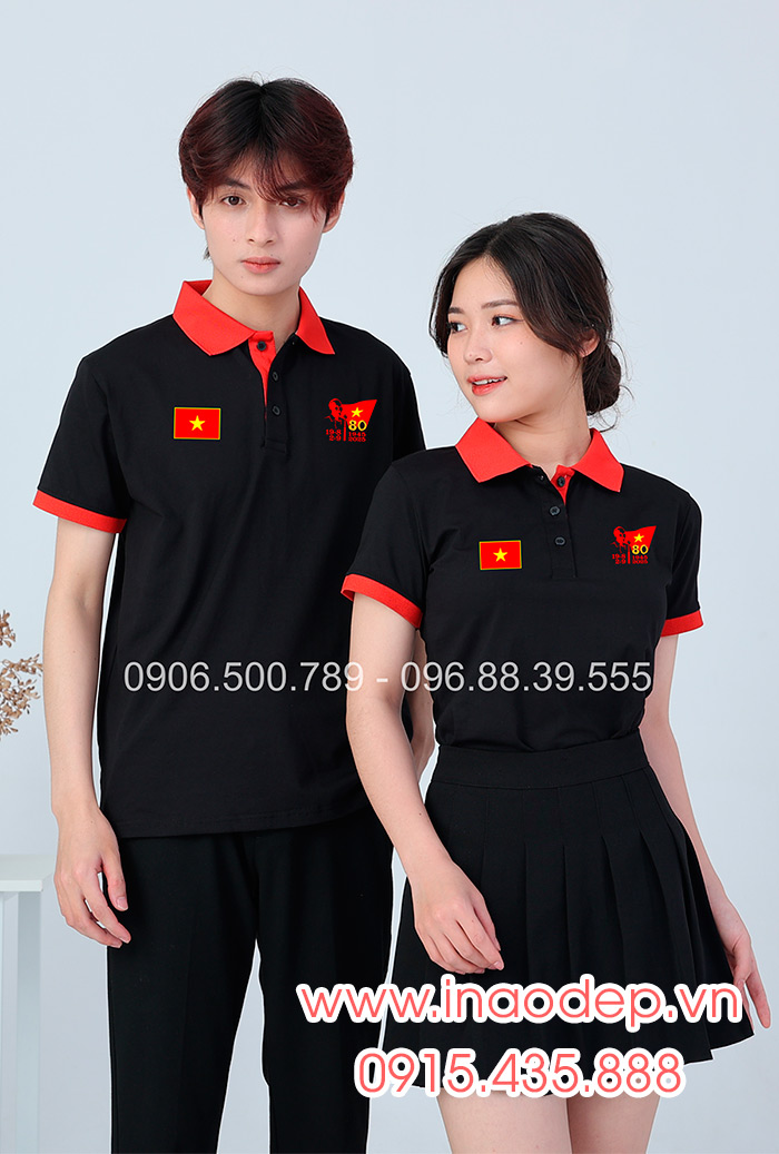 In áo màu đen phối đỏ In lá cờ đỏ sao vàng kỉ niệm 80 năm Cách mạng tháng 8 - Quốc Khánh 2-9 | In ao phong dong phuc