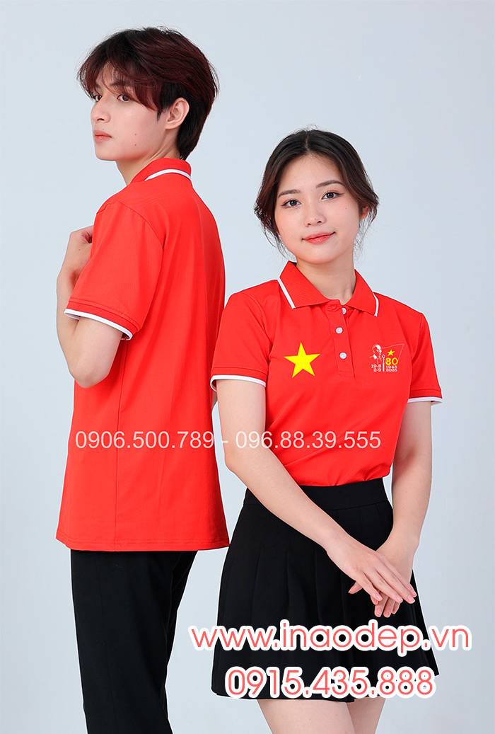 In áo màu đỏ In lá cờ đỏ sao vàng kỉ niệm 80 năm Cách mạng tháng 8 - Quốc Khánh 2-9 | In ao phong dong phuc