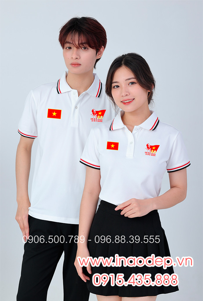 In áo màu trắng In lá cờ đỏ sao vàng kỉ niệm 80 năm Cách mạng tháng 8 - Quốc Khánh 2-9 | In ao phong dong phuc