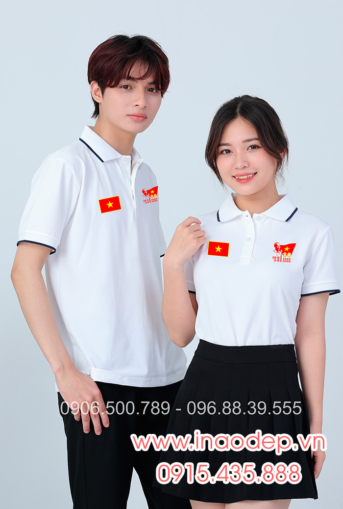 In áo màu trắng In lá cờ đỏ sao vàng kỉ niệm 80 năm Cách mạng tháng 8 - Quốc Khánh 2-9 | In ao phong dong phuc
