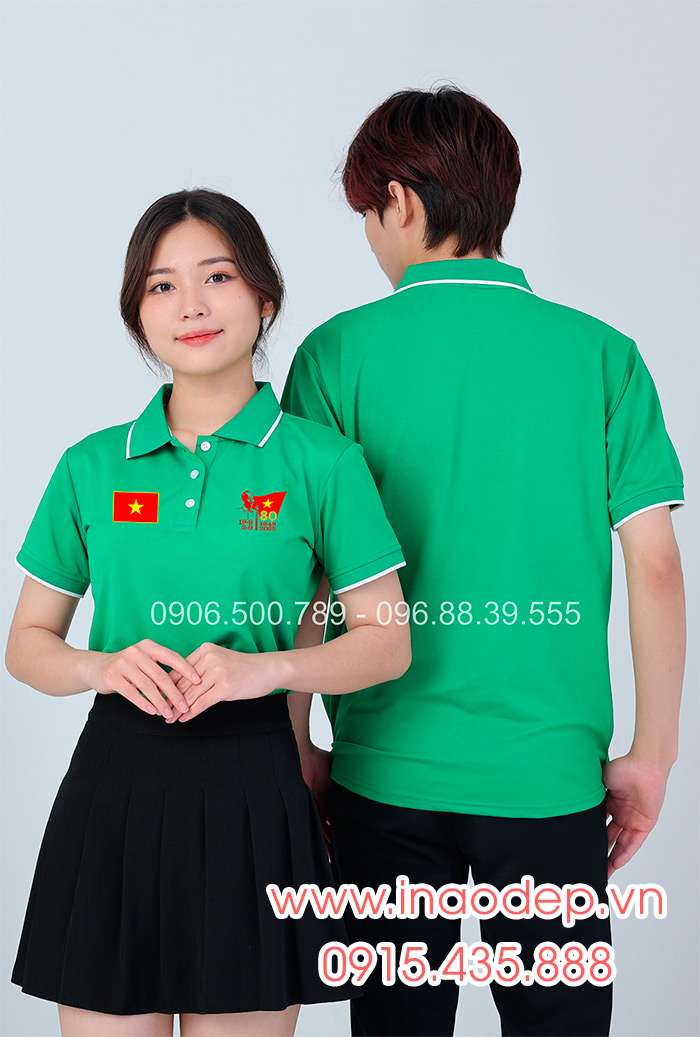 In áo màu xanh lá cây In lá cờ đỏ sao vàng kỉ niệm 80 năm Cách mạng tháng 8 - Quốc Khánh 2-9 | In ao phong dong phuc