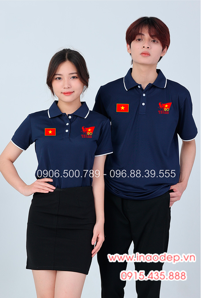 In áo màu xanh than In lá cờ đỏ sao vàng kỉ niệm 80 năm Cách mạng tháng 8 - Quốc Khánh 2-9 | In ao phong dong phuc
