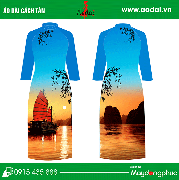 Áo dài cách tân cổ đứng màu xanh YA | Ao dai dong phuc